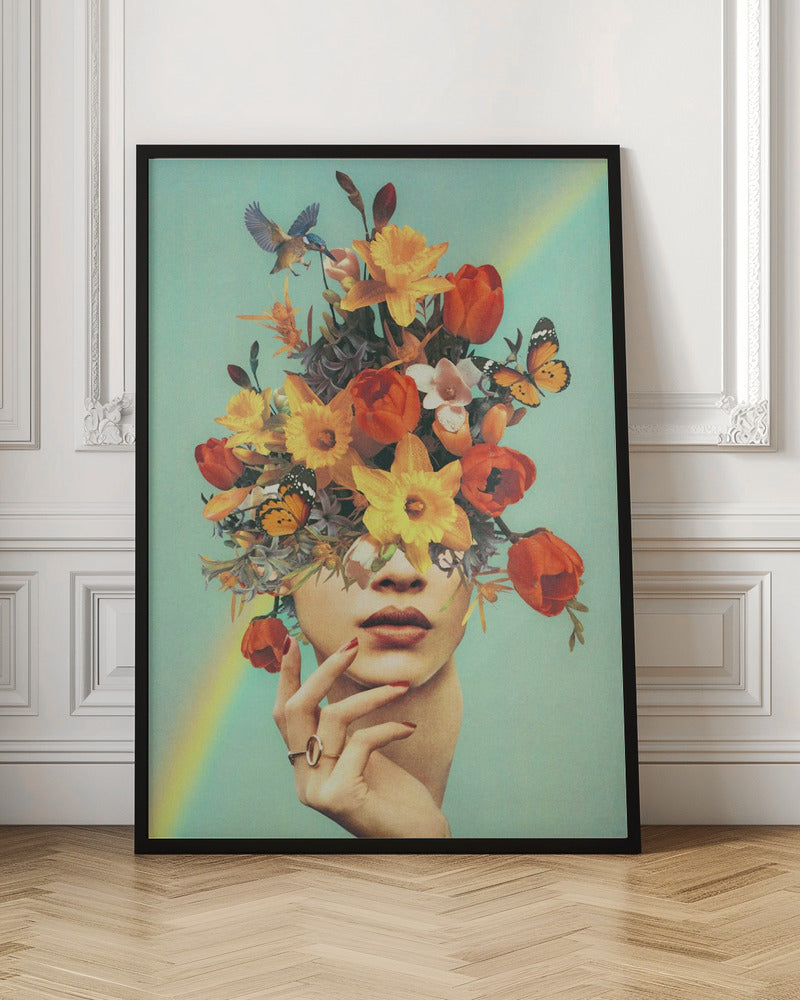 Wall art Baby's in bloom - Rainbow, flowers, birds & butterflies 24X36inch In White Floating Frame