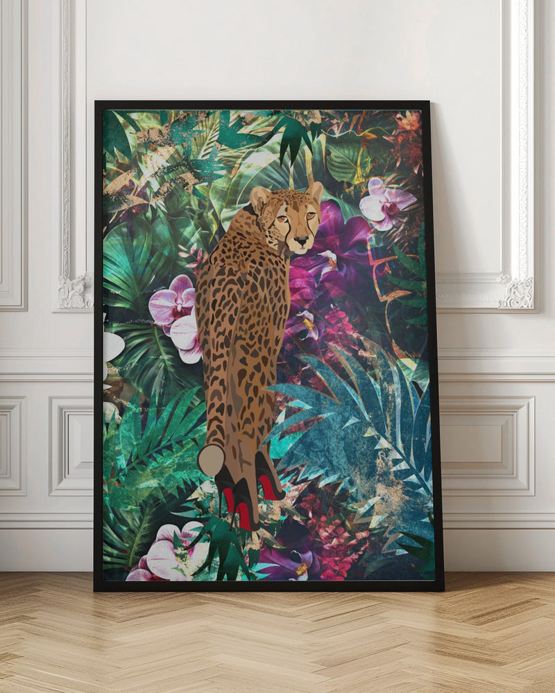 Wall Art Felines Nature-Inspired Canvas Print-wall-art-tropical-floral-jungle-cheetah-in-heels-36X48