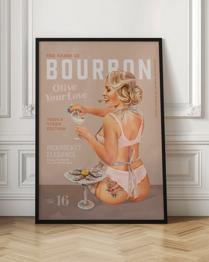 Wall art Babes of Bourbon Vol 16 Vintage Vodka Martini Pin Up Girl 24X36inch In White Floating Frame