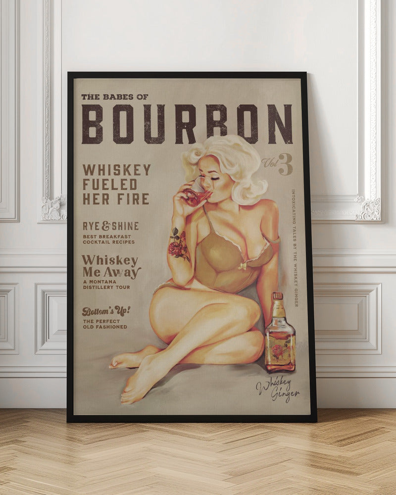 Wall art Babes of Bourbon Vol 3 Sexy Vintage Pin Up Girl Drinking Whiskey 24X36inch In White Floating Frame