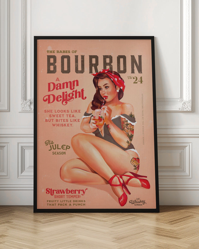 Wall art Babes of Bourbon Vol 22 Vintage Pinup Girl Drinking A Cocktail 24X36inch In White Floating Frame