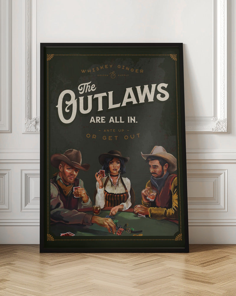 Outlaws Are All In Cool Cowboy Poker Art Wall Artwork In Black Floating Frame