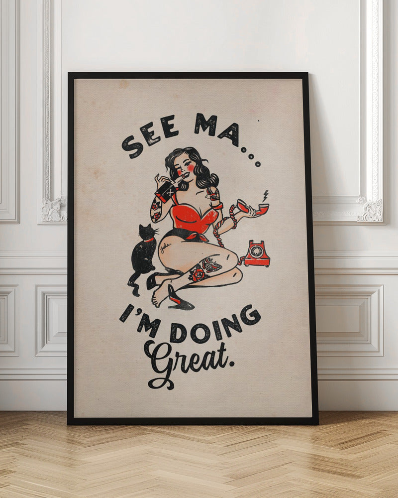 Wall art See Ma Poster Funny Vintage Pinup Girl & Cat 24X36inch In White Floating Frame