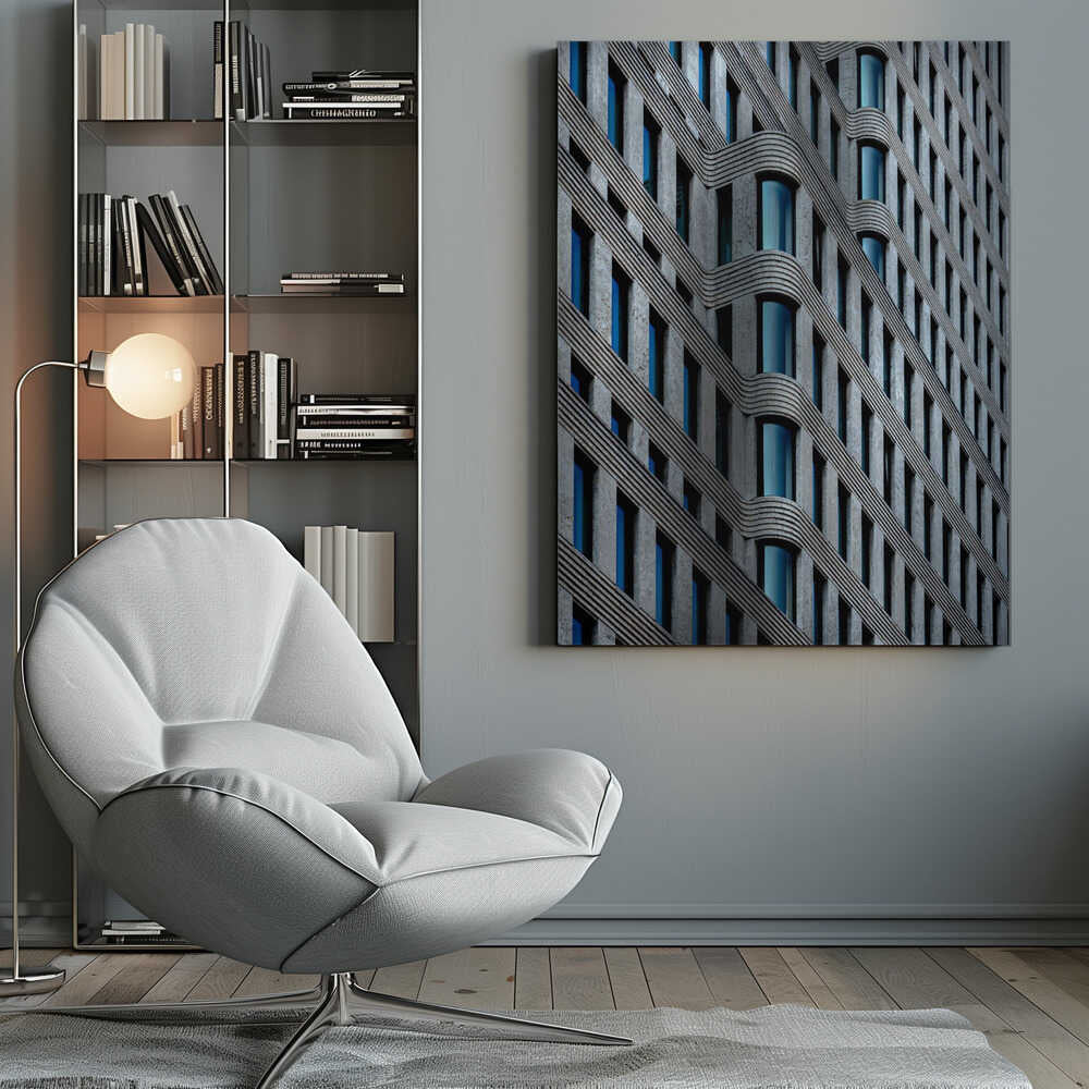 curvaceous facade – cityscape wall art, in an armchair room setting