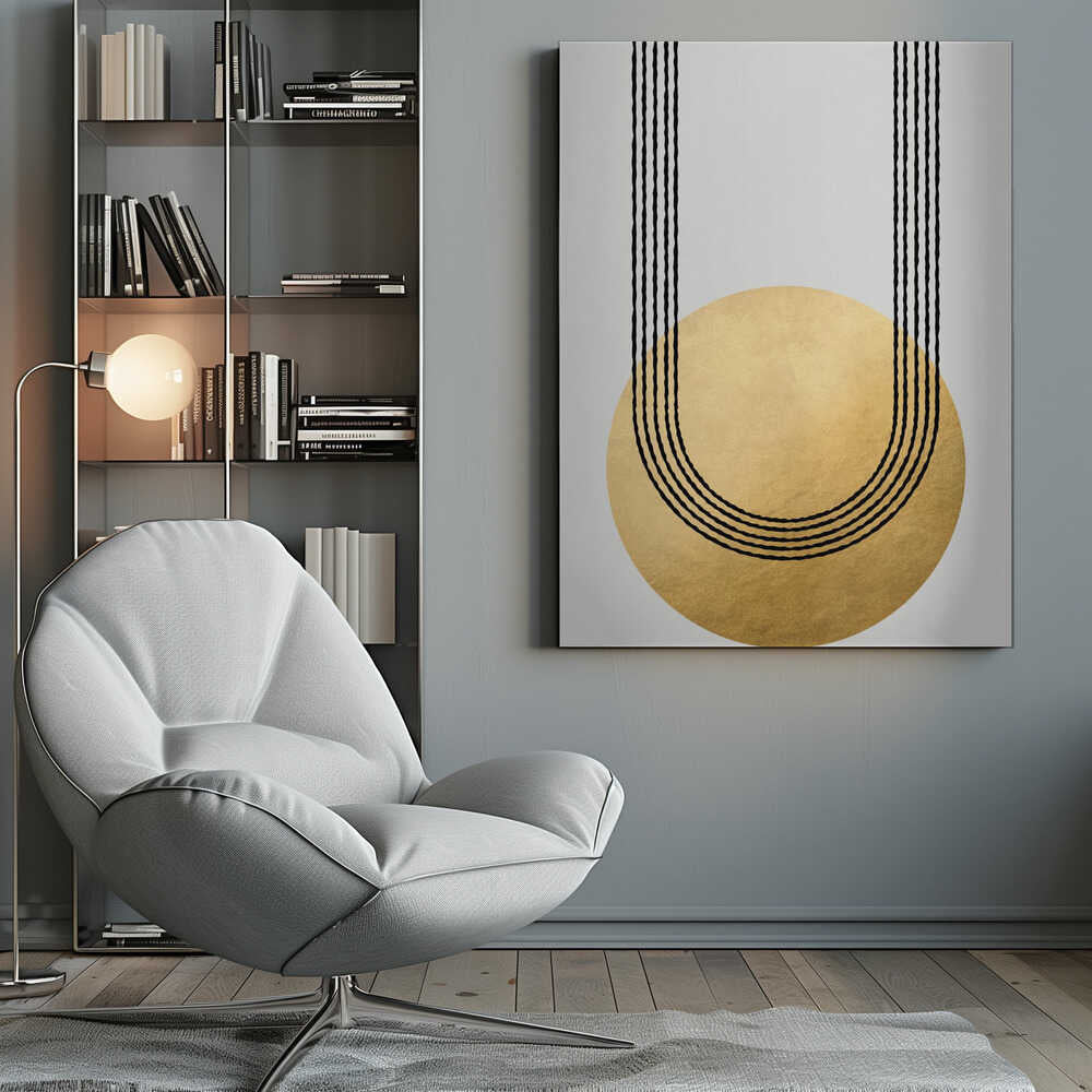 Gold balance – abstract wall art, in an armchair room setting