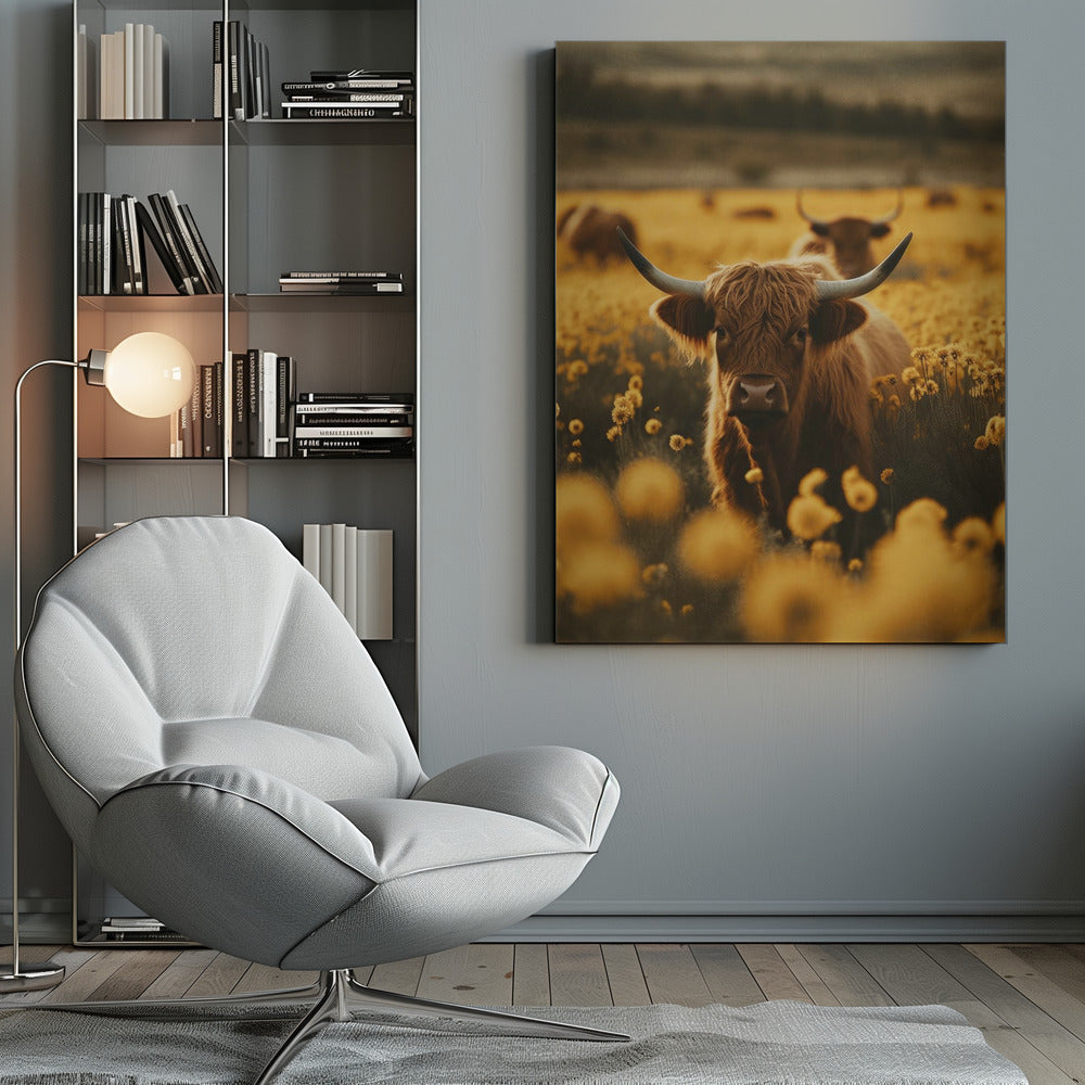 Highland Cows In Flower Field Wall Artwork 0