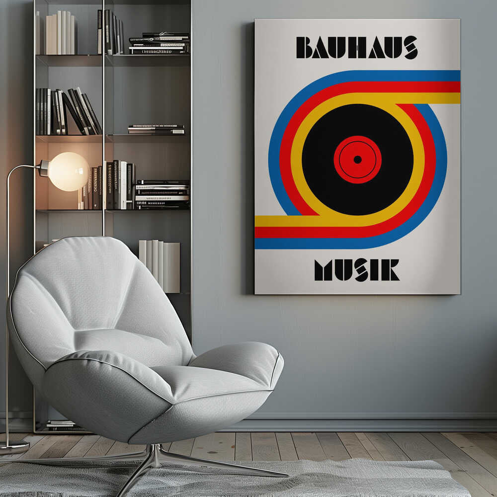 Bauhaus Musik Vinyl – abstract wall art, in an armchair room setting