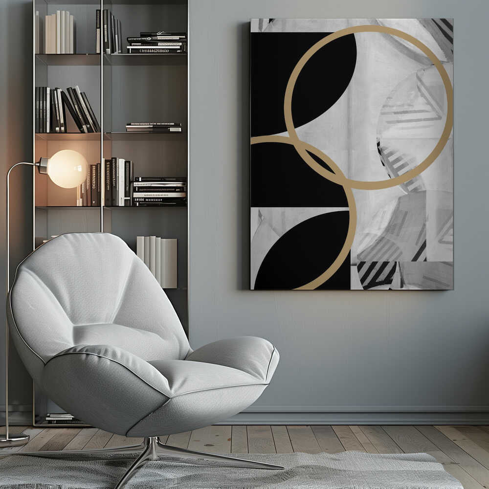 Wall art Black and White Stripes Gold Spheres No1