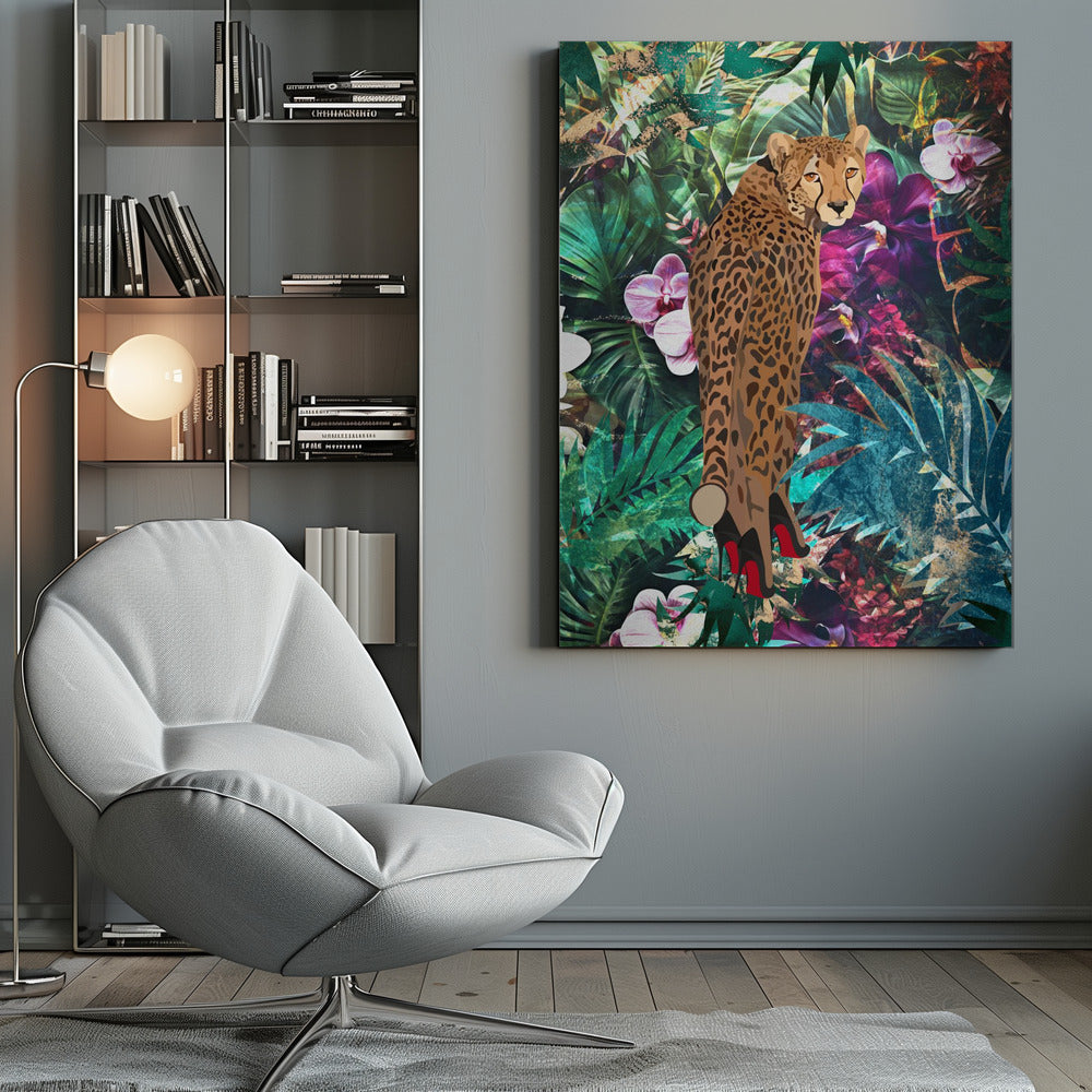 Wall Art Felines Nature-Inspired Canvas Print-wall-art-tropical-floral-jungle-cheetah-in-heels-