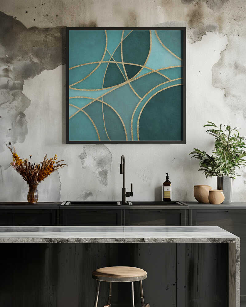 Wall art Round Abstracts Turquoise Gold