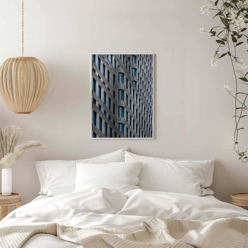 curvaceous facade – cityscape wall art, in a bedroom setting