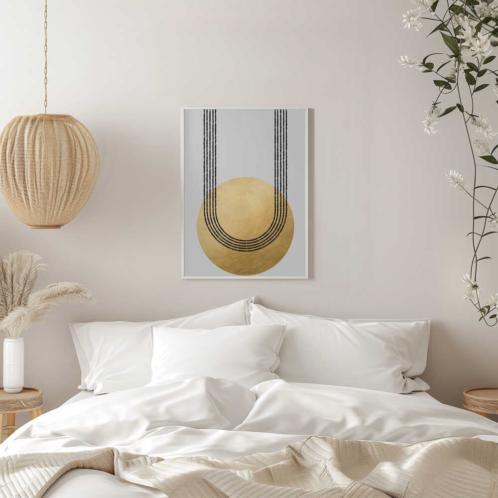 Gold balance – abstract wall art, in a bedroom setting