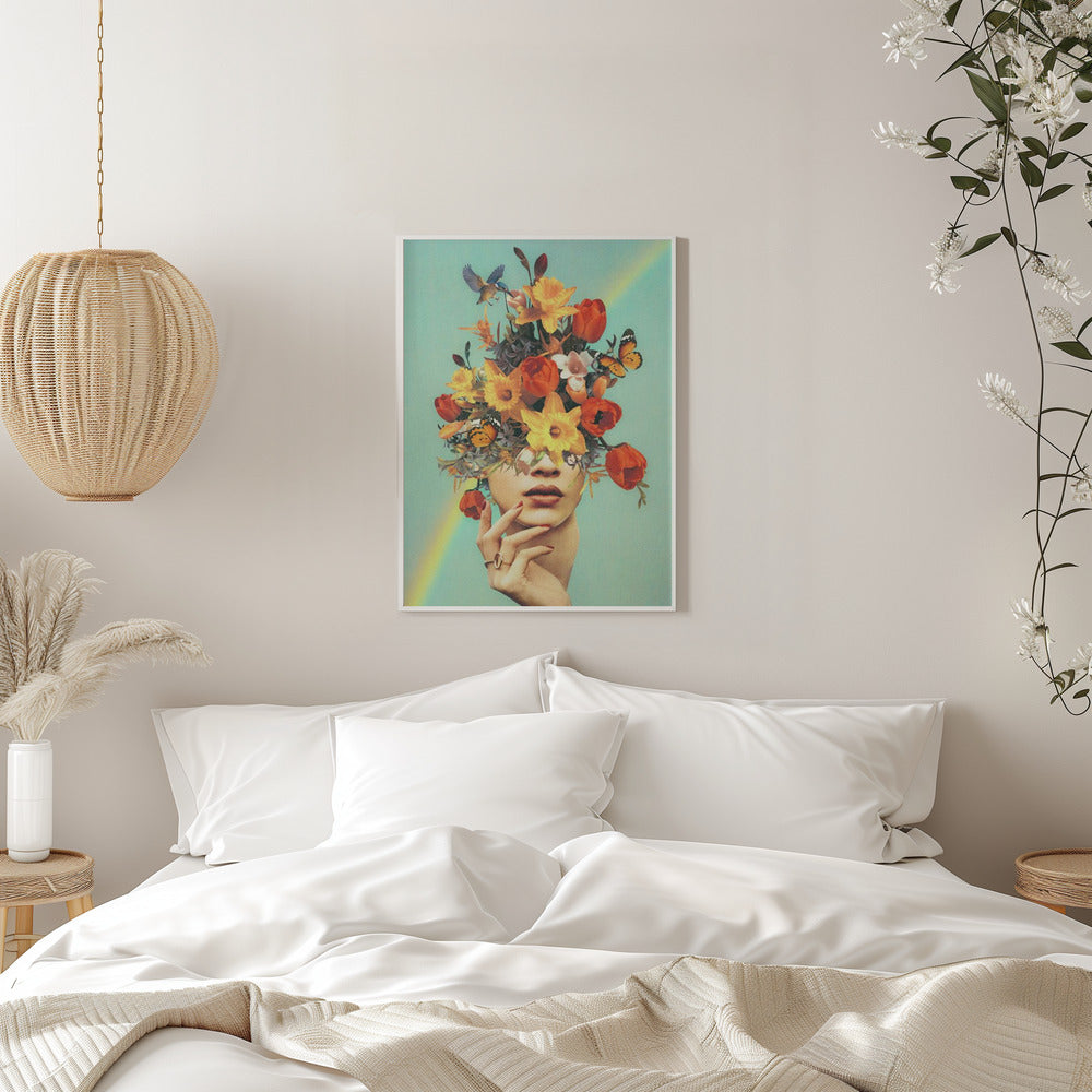 Wall art Baby's in bloom - Rainbow, flowers, birds & butterflies 36X48inch In Black Floating Frame