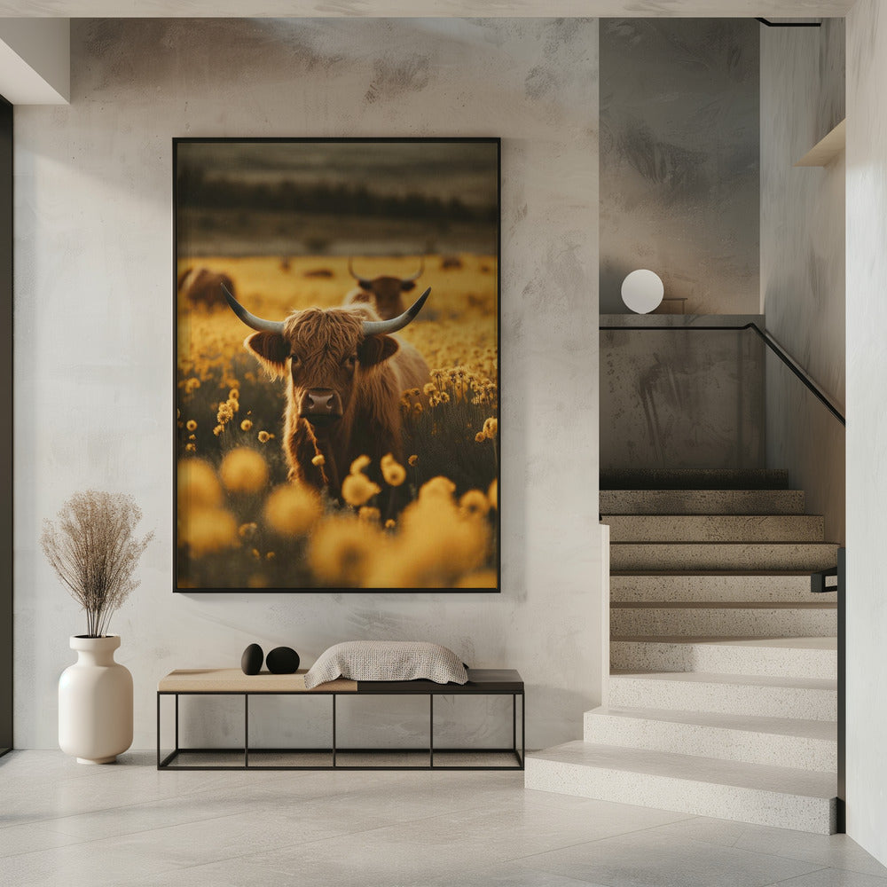 Highland Cows In Flower Field Wall Artwork 0