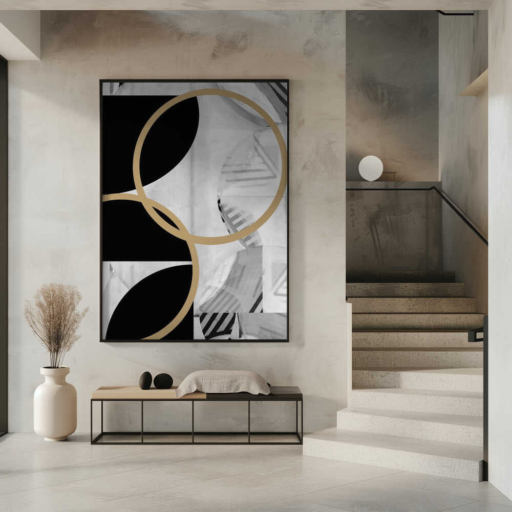 Wall art Black and White Stripes Gold Spheres No1