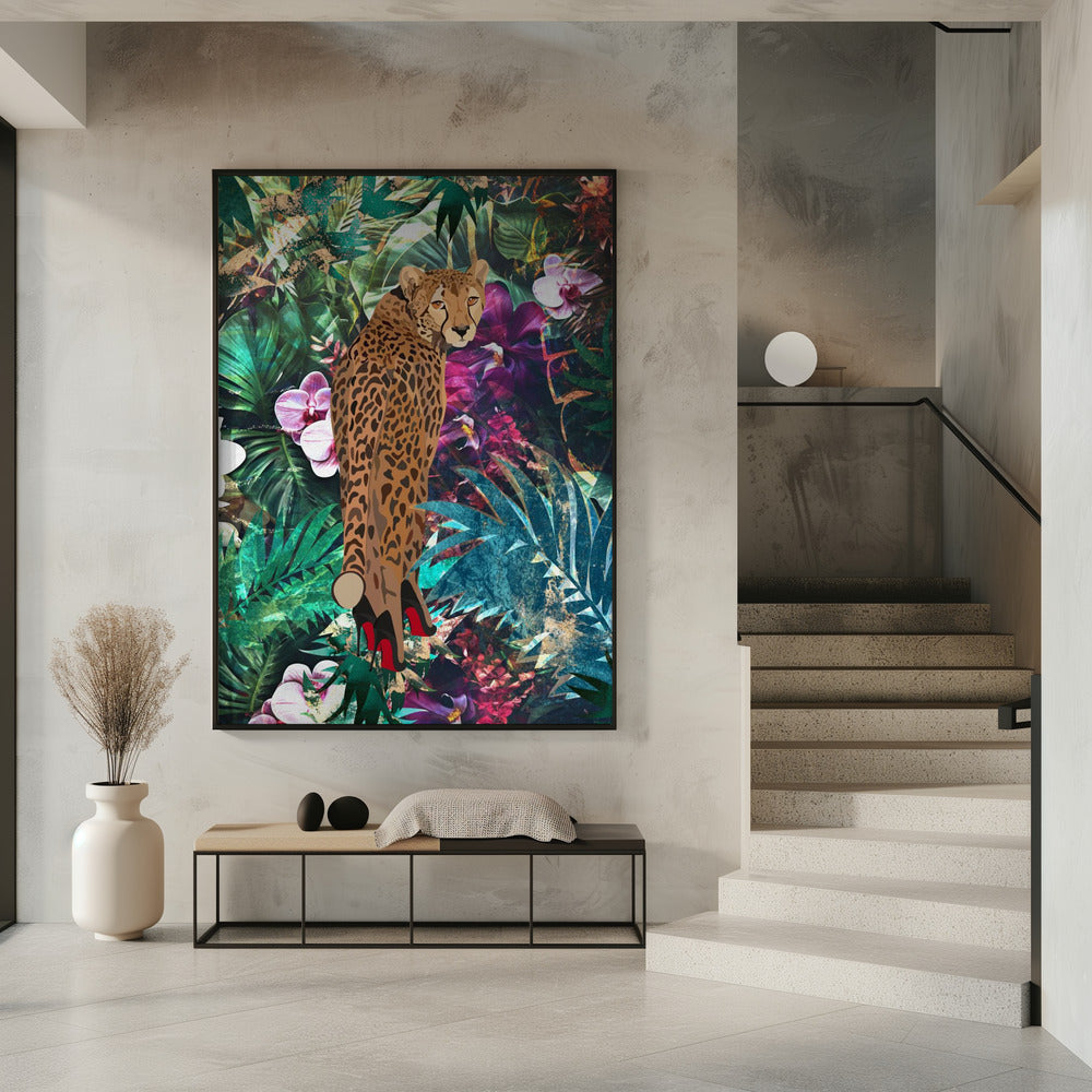 Wall Art Felines Nature-Inspired Canvas Print-wall-art-tropical-floral-jungle-cheetah-in-heels-