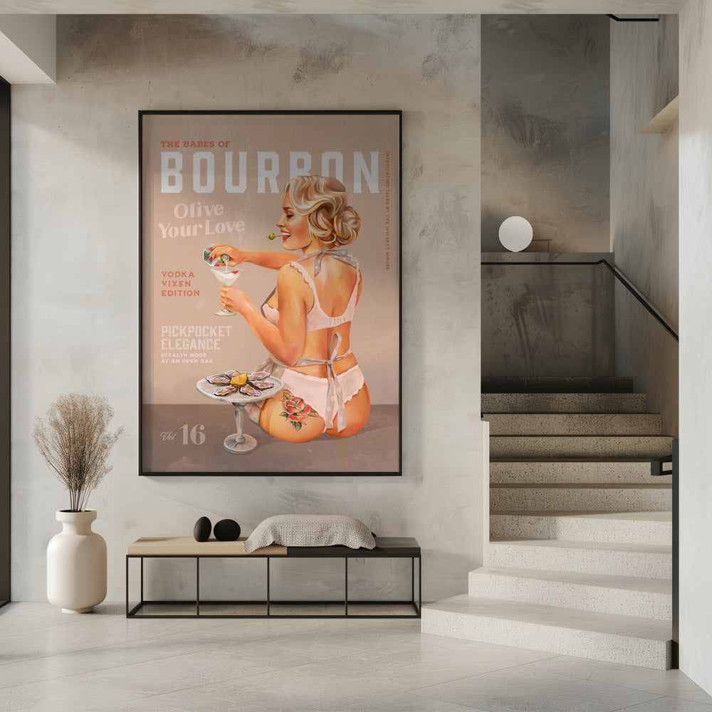 Wall art Babes of Bourbon Vol 16 Vintage Vodka Martini Pin Up Girl 36X48inch In White Floating Frame