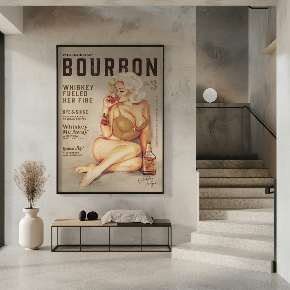 Wall art Babes of Bourbon Vol 3 Sexy Vintage Pin Up Girl Drinking Whiskey 36X48inch In White Floating Frame