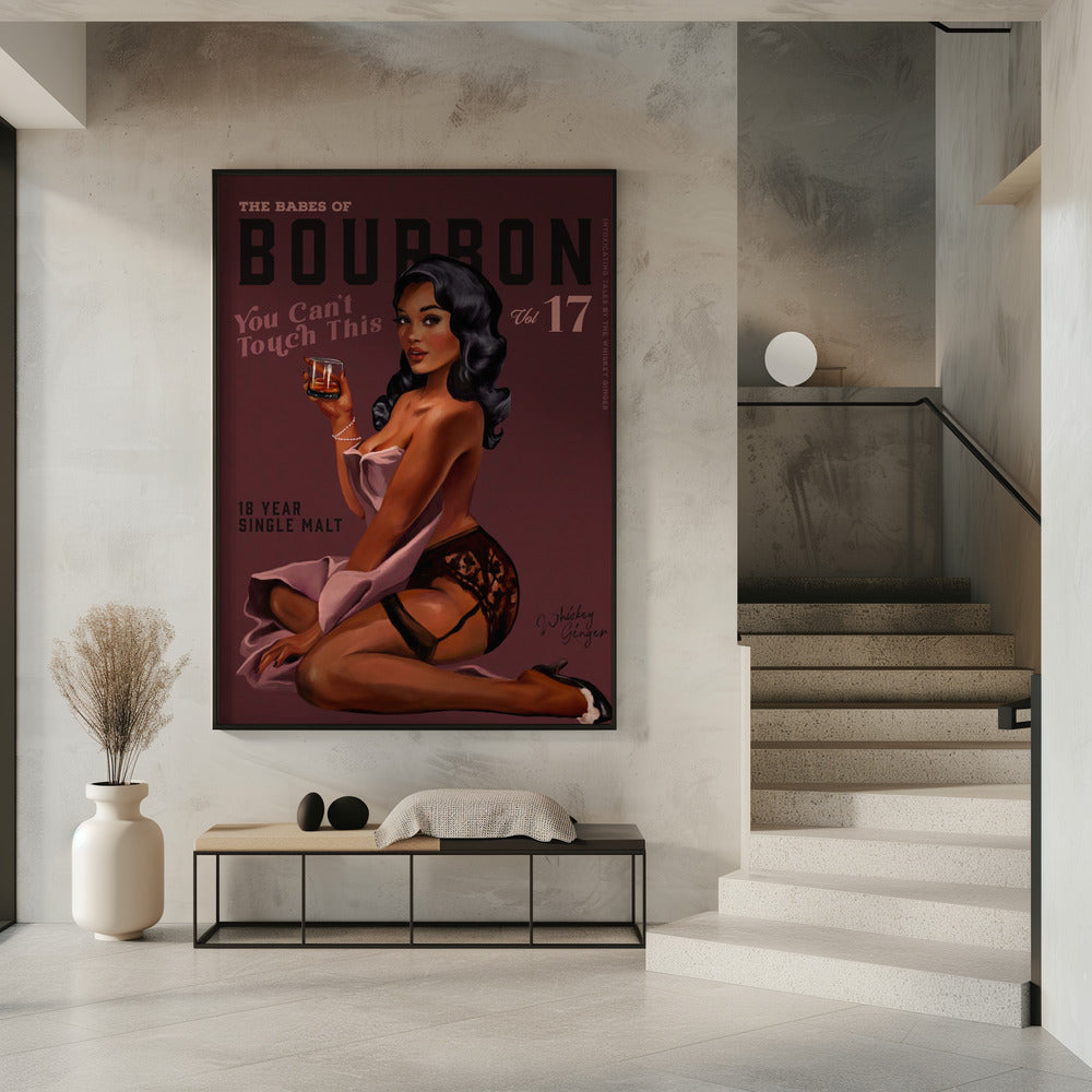 Wall art Babes of Bourbon Cant Touch This. Sexy Retro Pin Up Girl Whiskey Art 36X48inch In White Floating Frame