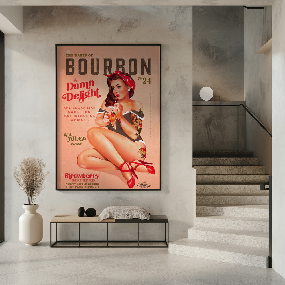 Wall art Babes of Bourbon Vol 22 Vintage Pinup Girl Drinking A Cocktail 36X48inch In White Floating Frame
