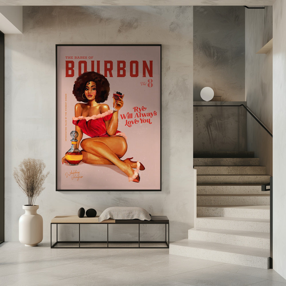 Wall art Babes of Bourbon Vol 8 Vintage Pinup Girl With Afro 36X48inch In White Floating Frame