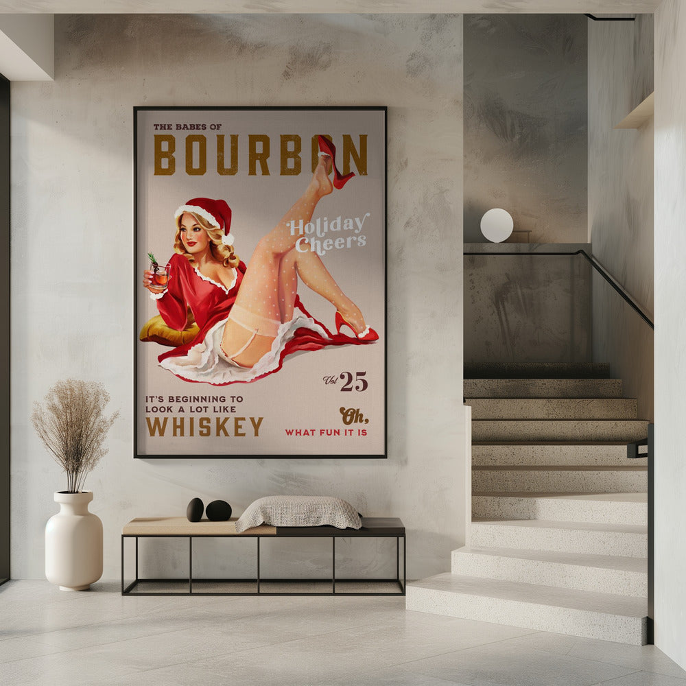 Wall art Babes of Bourbon Vol 25 Holiday Cheer Christmas Pinup 36X48inch In White Floating Frame