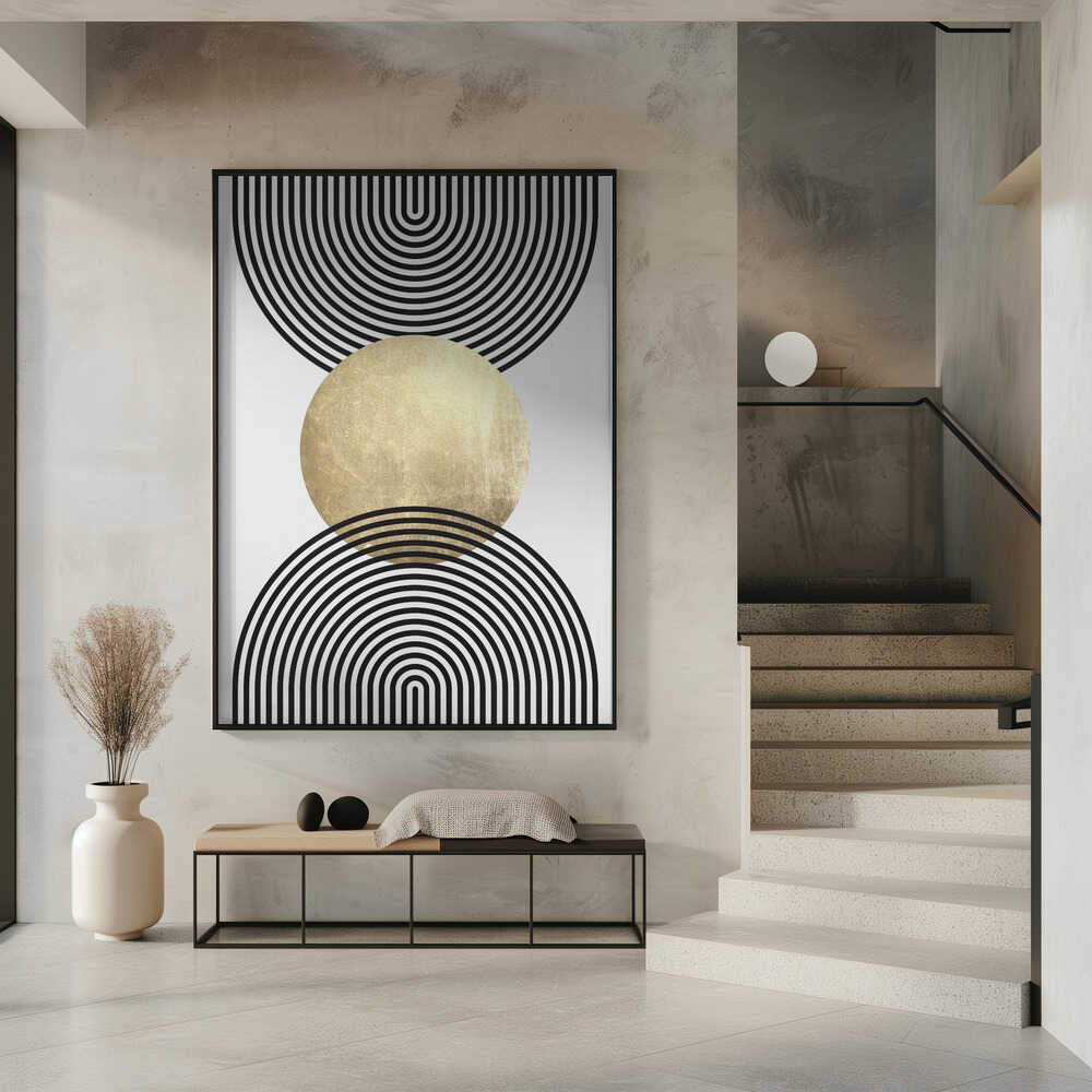 Wall art Golden Textured Circle and Bold Black Lines