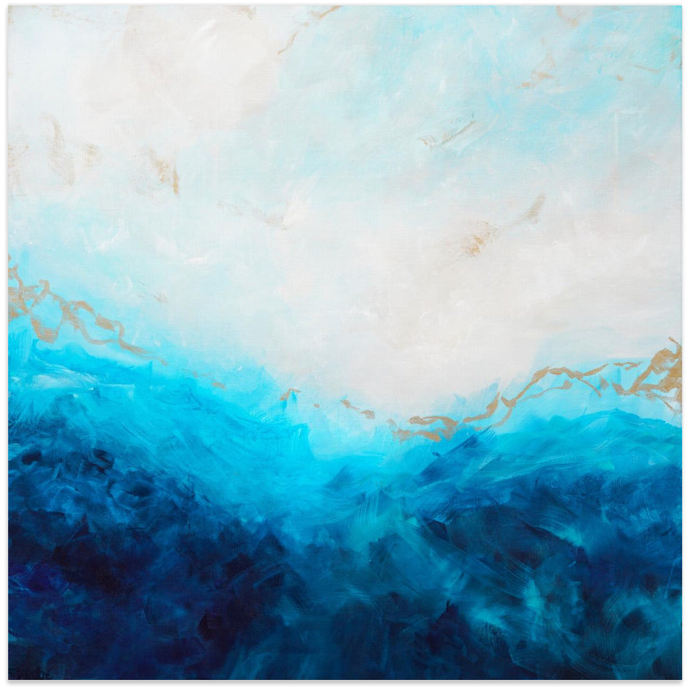 Blue Sea, golden Sunlight 1 Abstract Wall Artwork In White Floating Frame