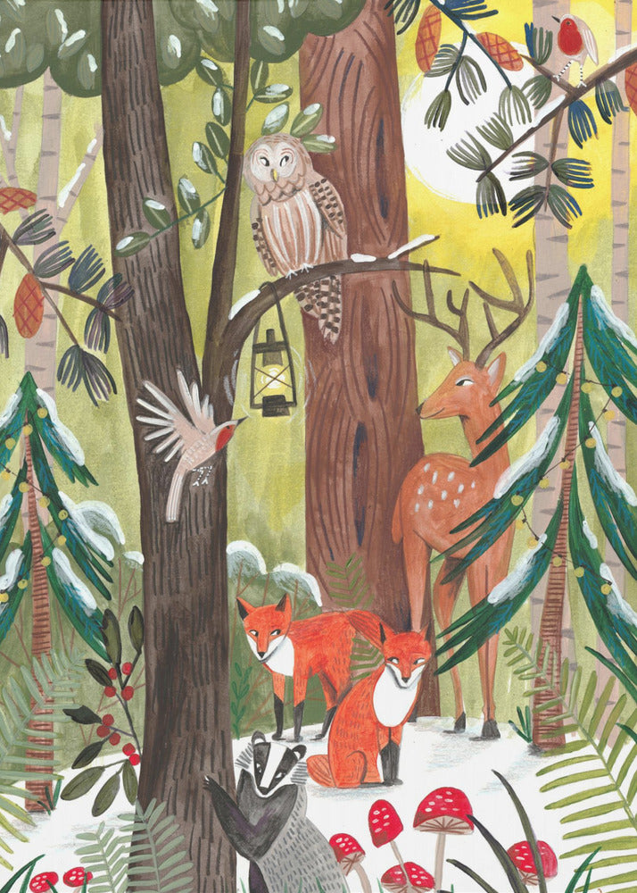 Wall art Green Christmas forest with animals Canvas Print