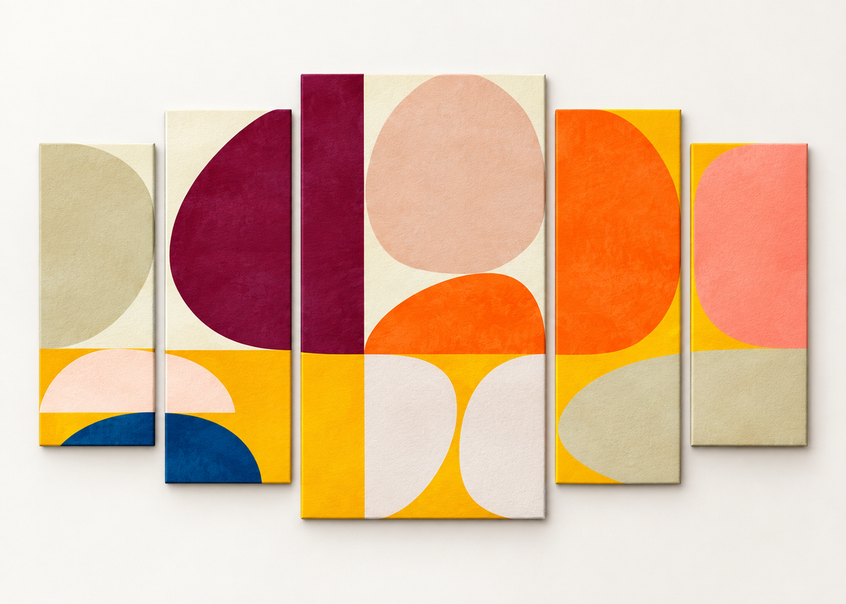 Retro Colorblock Geometry Compact 5 gallery-wrapped canvas set; illustrative front view, see size guide for dimensions