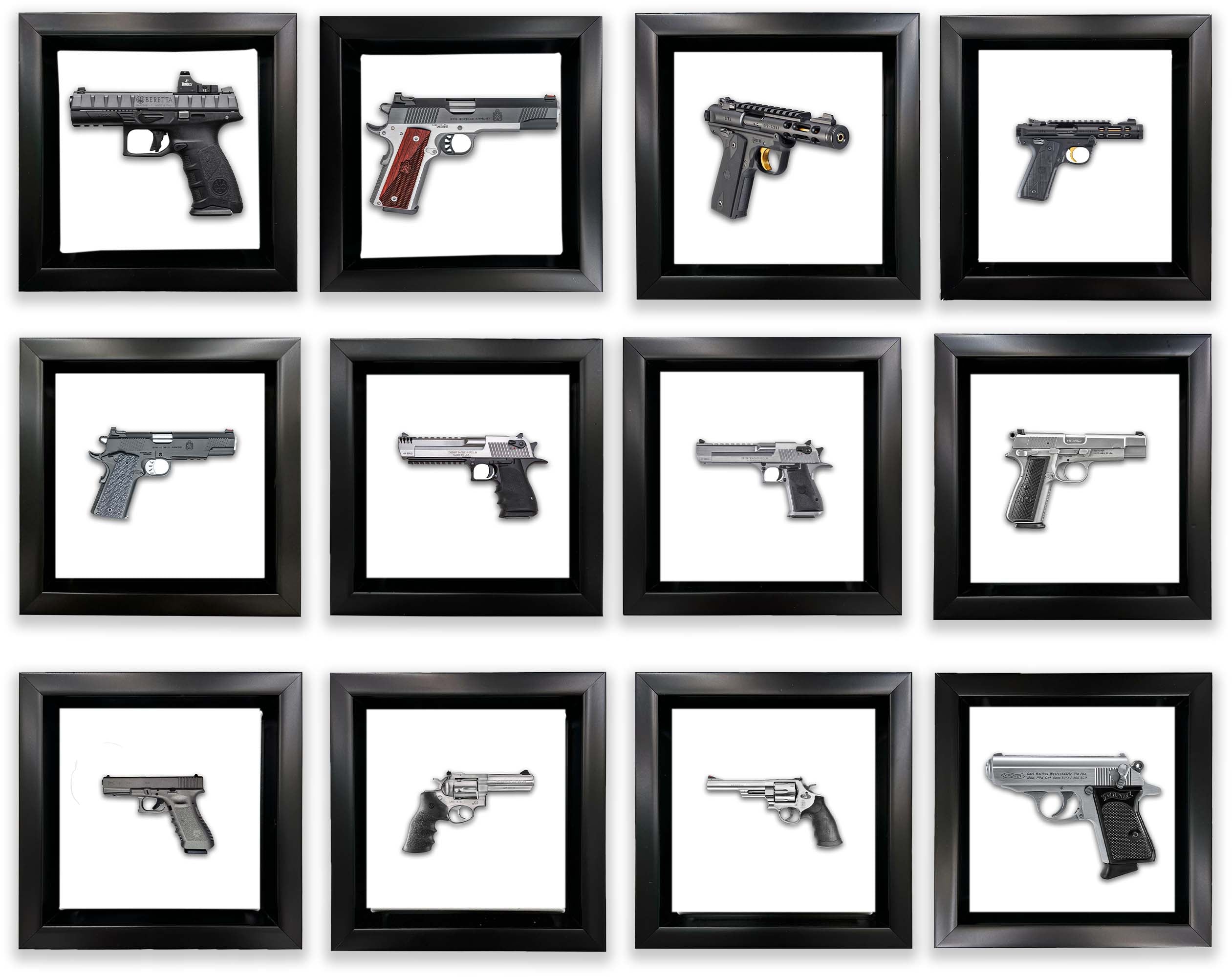 Wall art museum quality canvas art prints for home decoration at GTA ART, the photo shows a set of 12 Mini Framed guns