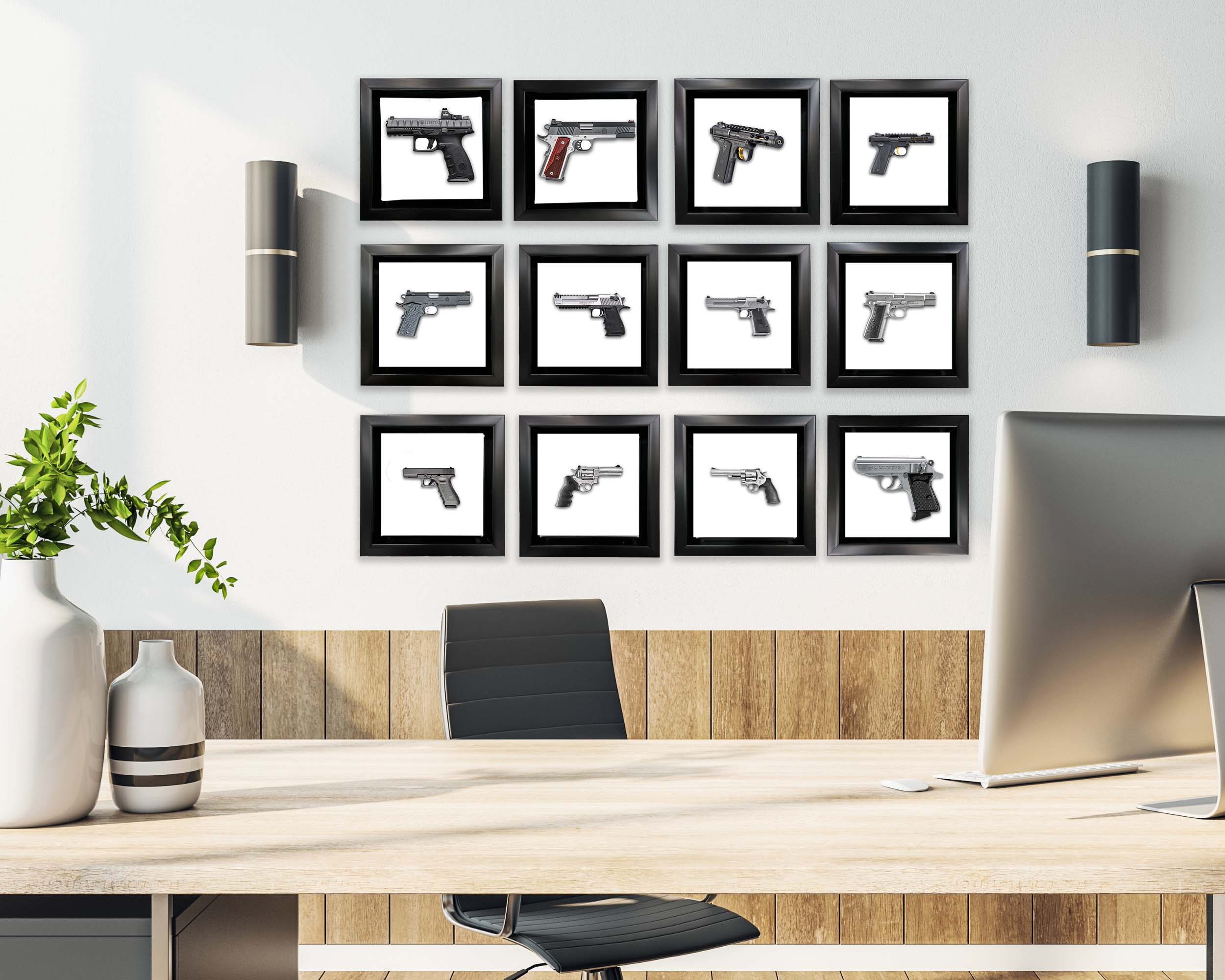 Wall art museum quality canvas art prints for home decoration at GTA ART, the photo shows a set of 12 Mini Framed guns as a decoration in the office