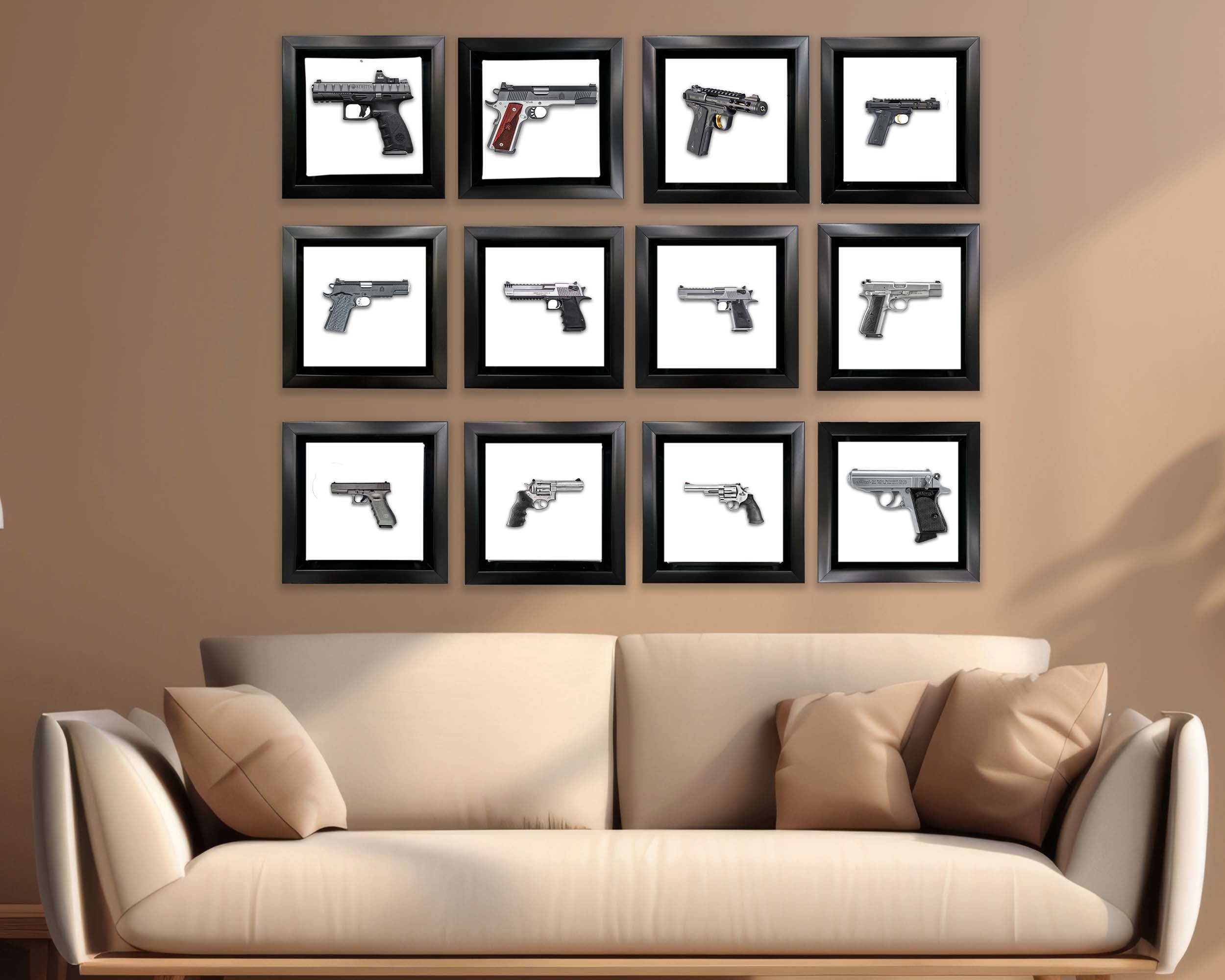 Wall art museum quality canvas art prints for home decoration at GTA ART, the photo shows a set of 12 Mini Framed guns as Livingroom decoration