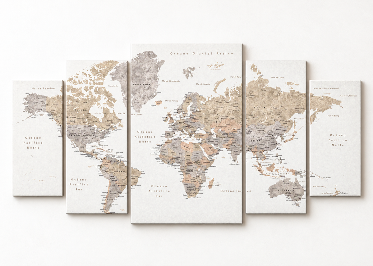 Wanderlust World Map Compact 5 gallery-wrapped canvas set; illustrative front view, see size guide for dimensions