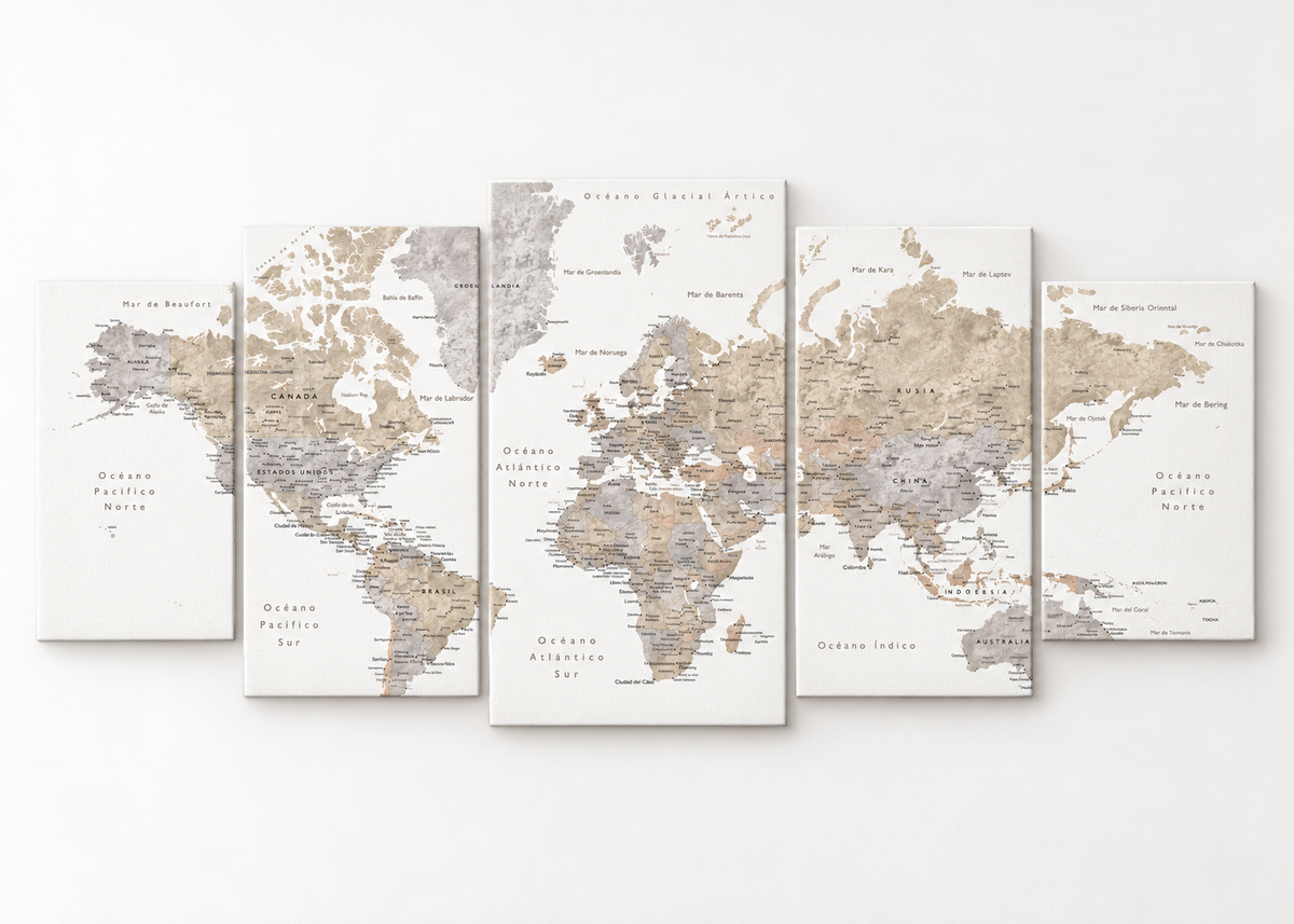 Wanderlust World Map Statement 5 gallery-wrapped canvas set; illustrative front view, see size guide for dimensions