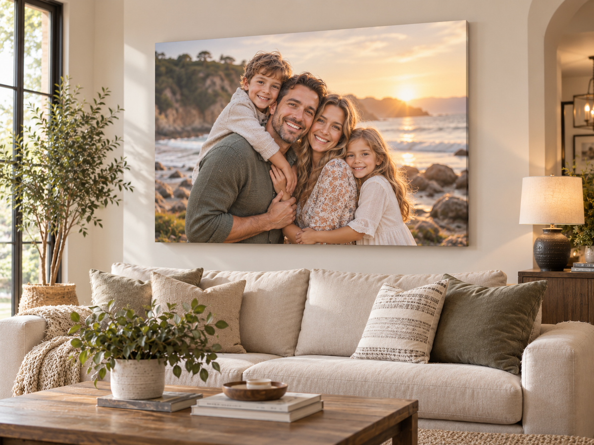 Family portrait displayed on canvas above a sofa
