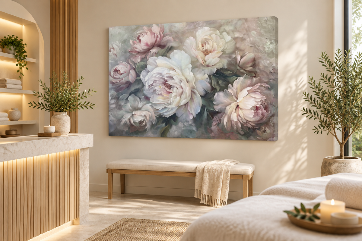 Soft floral canvas wall art for salon and spa interiors
