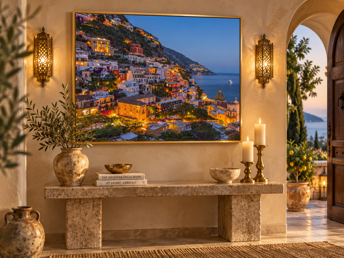 Vibrant Amalfi Coast canvas wall art with a multicolour glitter top coat