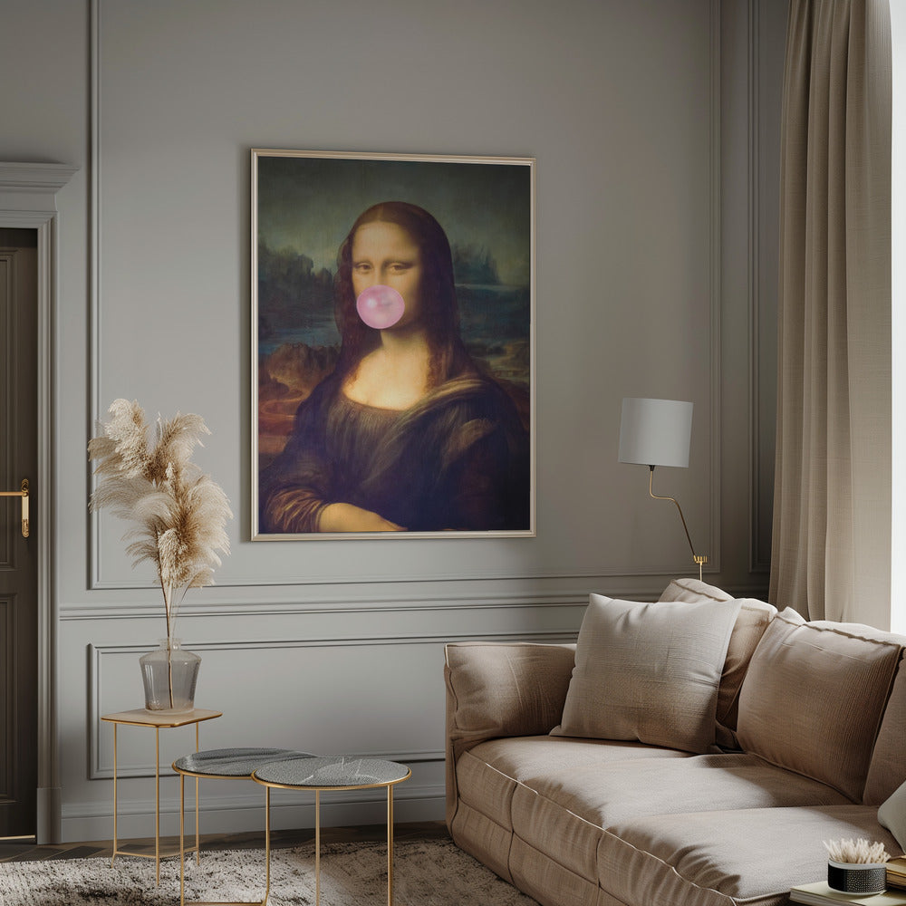 Stampa Su Tela Pop Art Mona Lisa Con Palloncino Rosa - Quadro Moderno 50x75 Cm Per Arredo Soggiorno E Camera