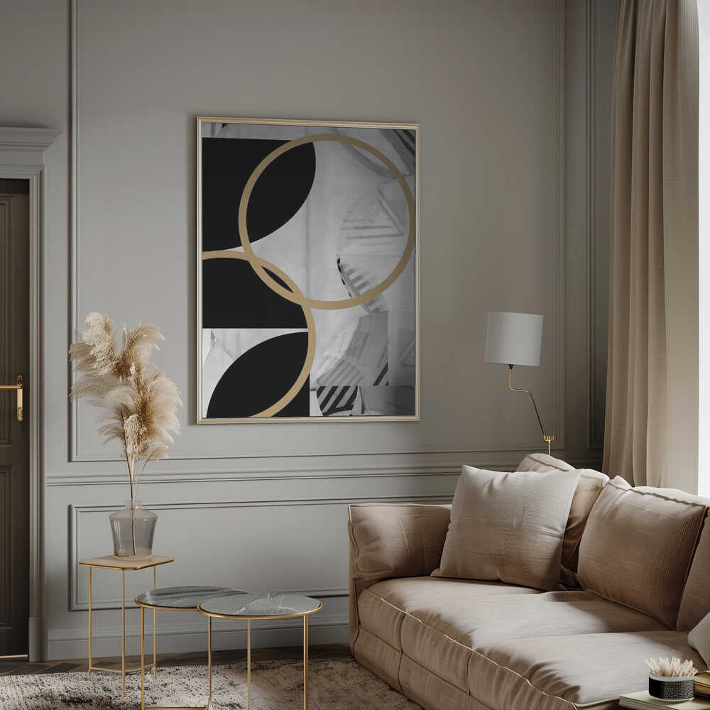 Wall art Black and White Stripes Gold Spheres No1