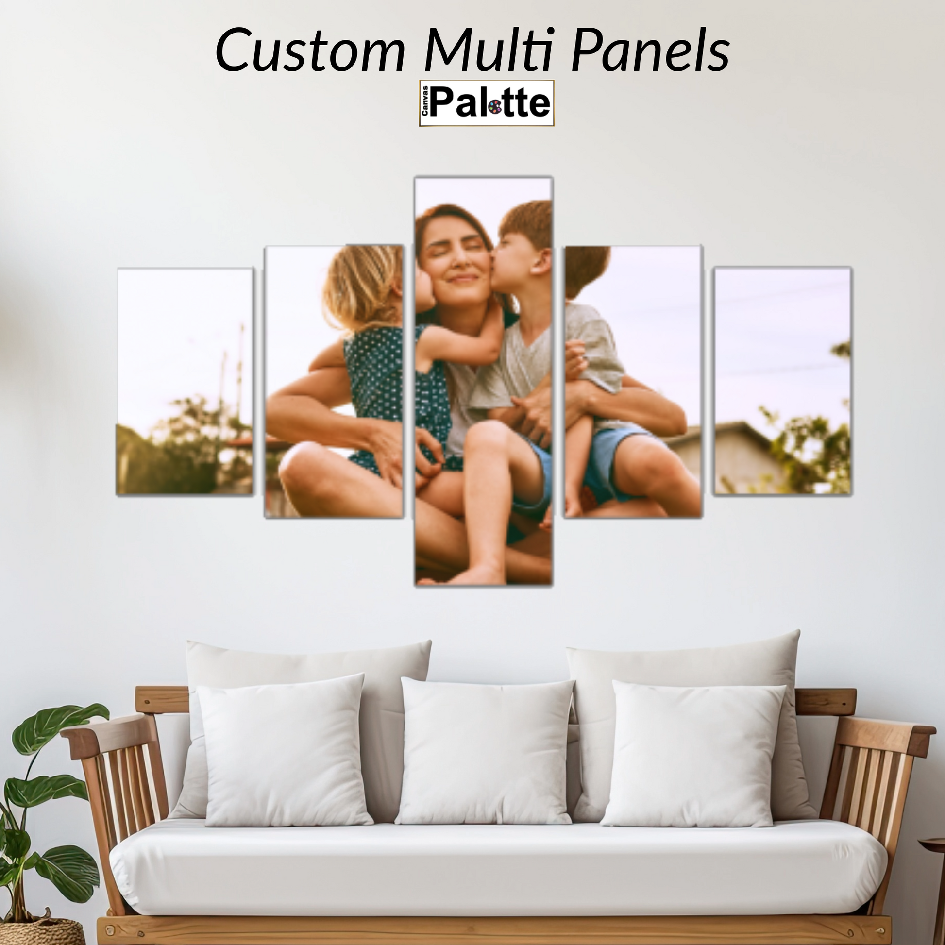 Example custom Multi Panels for canvas printed at Canvas Palette. the image shows a portrait hanging on the wall of the living room where there is a family, the mother hugs her 2 little children.