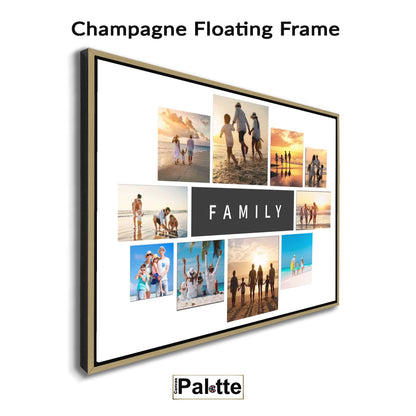 Canvas Palette example of a champagne floating side frame for canvas framing is a landscape collage family's photo.