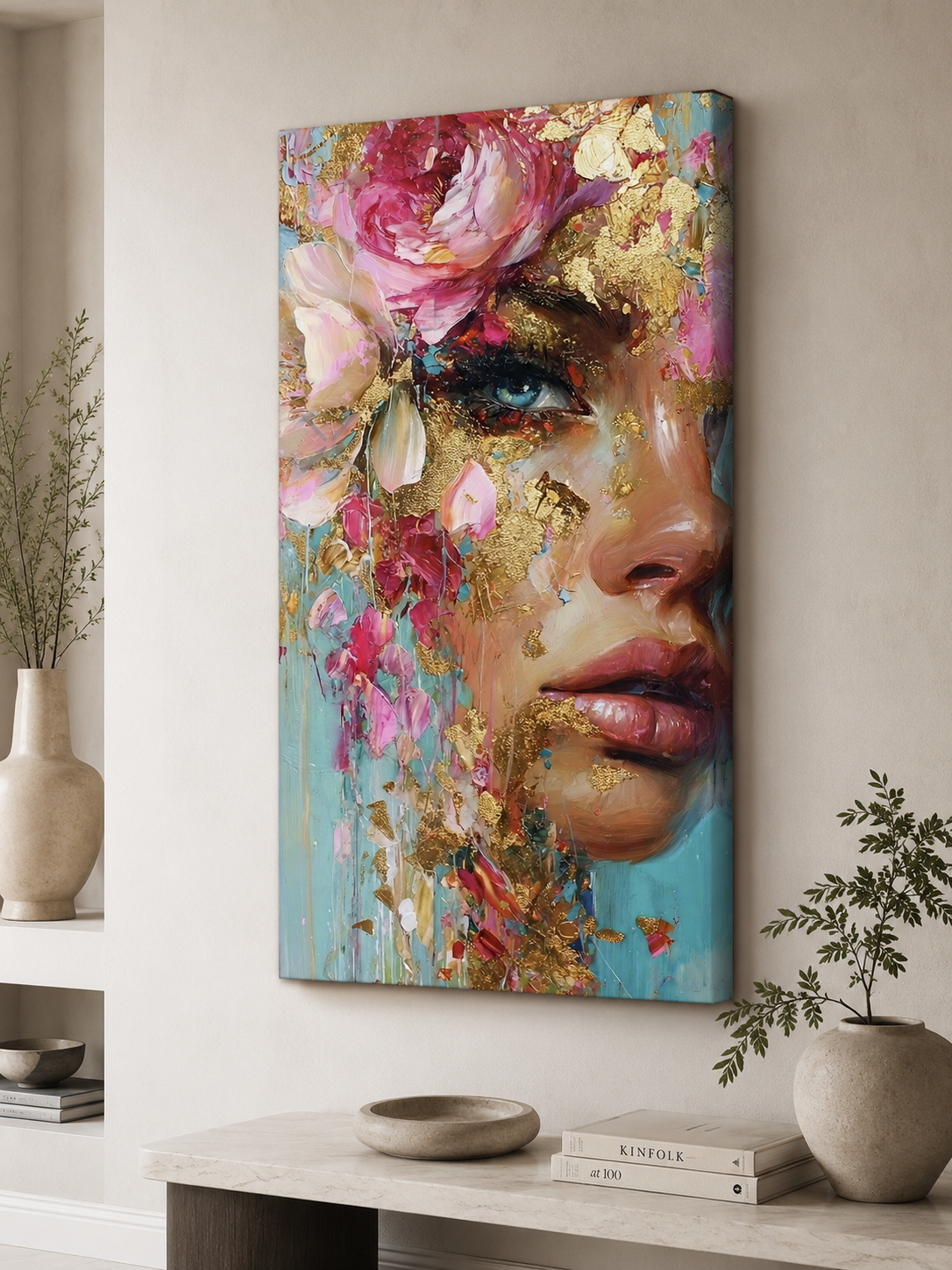Gilded Bloom – Contemporary Floral Portrait Canvas Wall Art