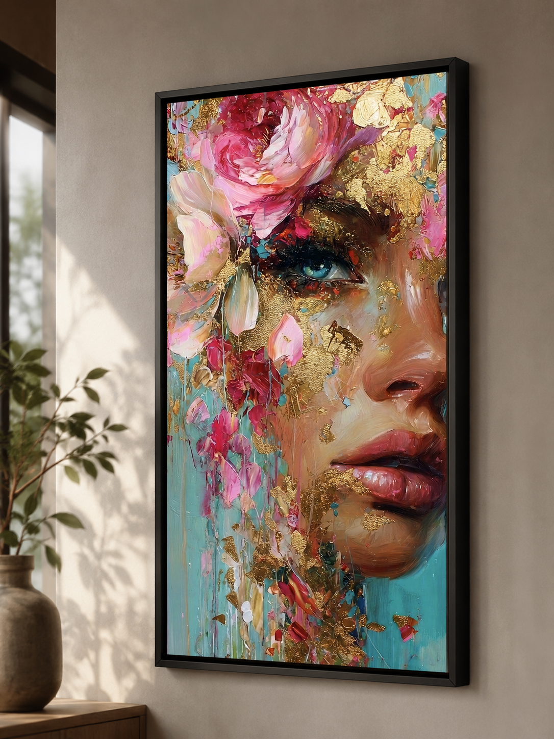 Gilded Bloom – Contemporary Floral Portrait Canvas Wall Art