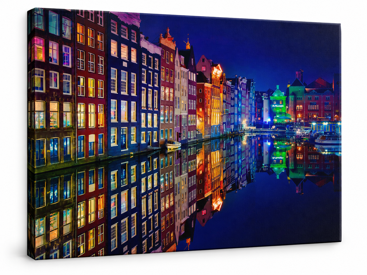Rows of narrow Amsterdam canal houses glow in red, yellow and blue beside still water — additional artwork view 5