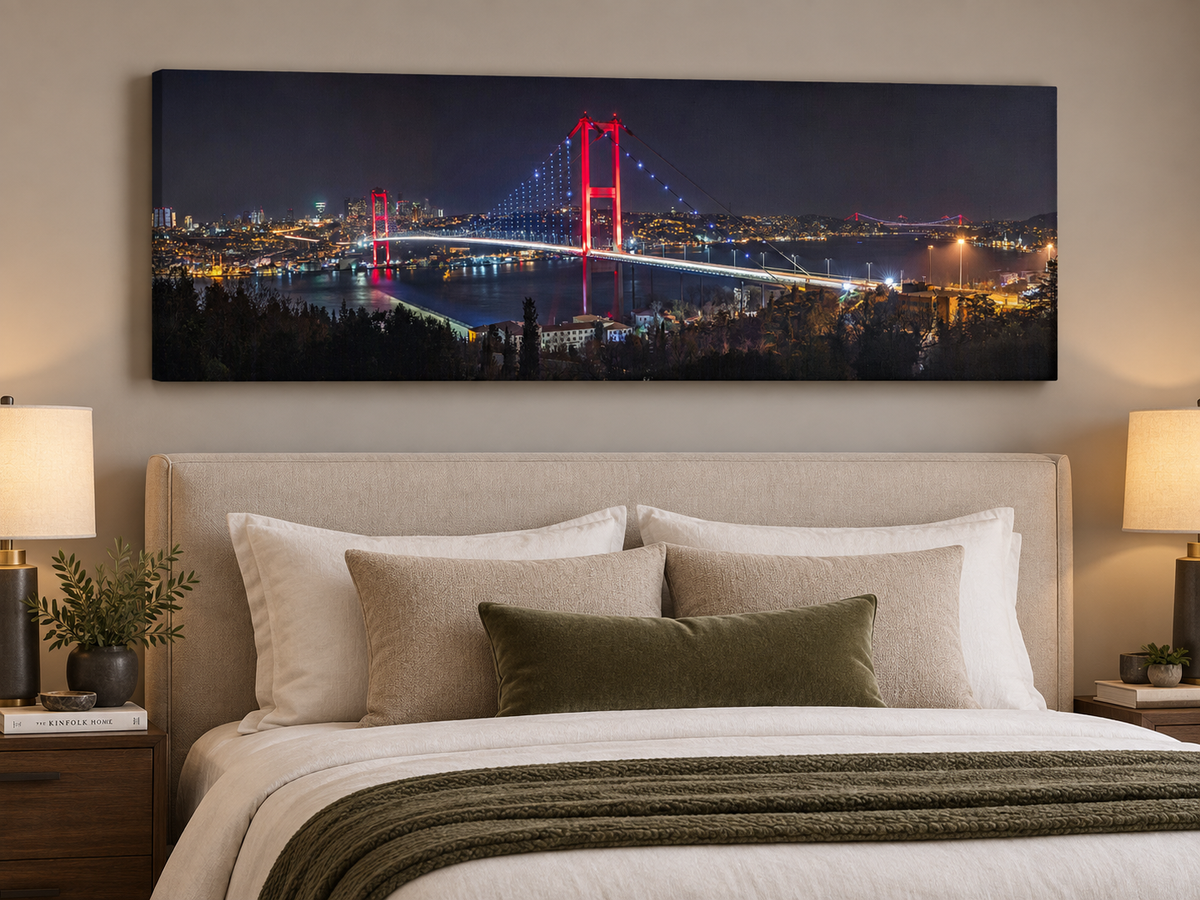 Istanbul Bosphorus Bridge | Night Panoramic Canvas Wall Art