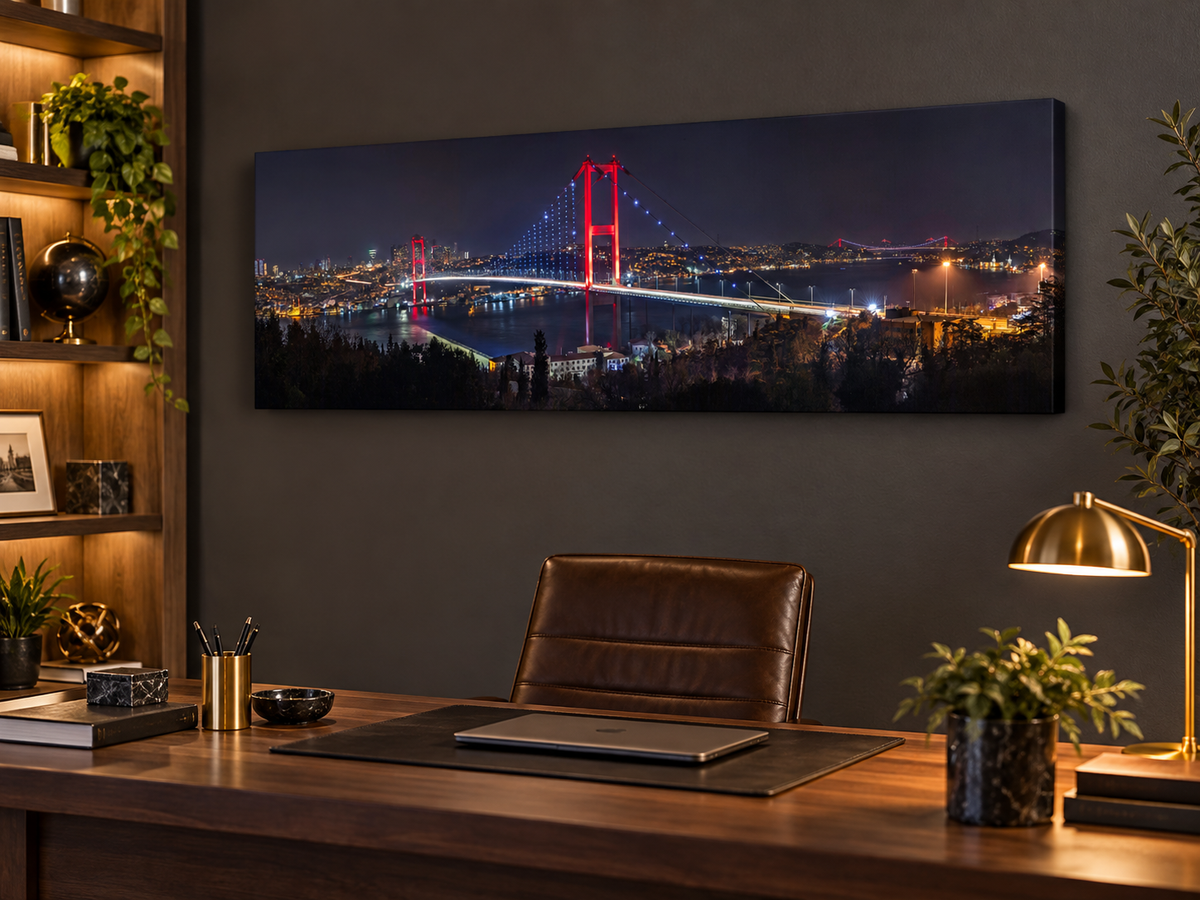 Istanbul Bosphorus Bridge | Night Panoramic Canvas Wall Art