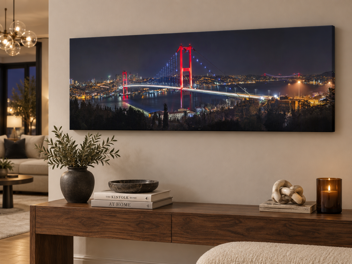Istanbul Bosphorus Bridge | Night Panoramic Canvas Wall Art