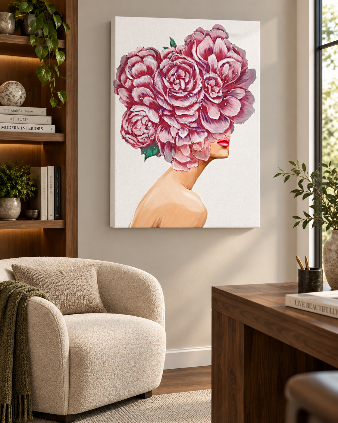Bouquet Head — Floral Woman Portrait Canvas Wall Art | Peony Surrealist Fashion Print