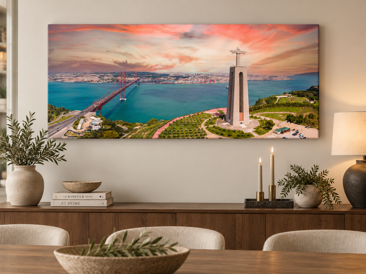Lisbon at Sunset | Cristo Rei & 25 de Abril Bridge Canvas Wall Art